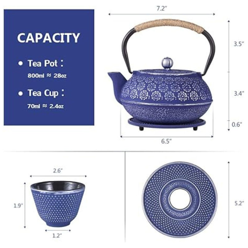 Blue Floral Cast Iron Japanese Teapot Set with 4 Cups