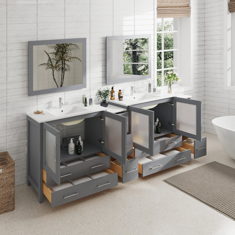  Ensemble de meuble-lavabo double 96 "avec miroir 96", Gris