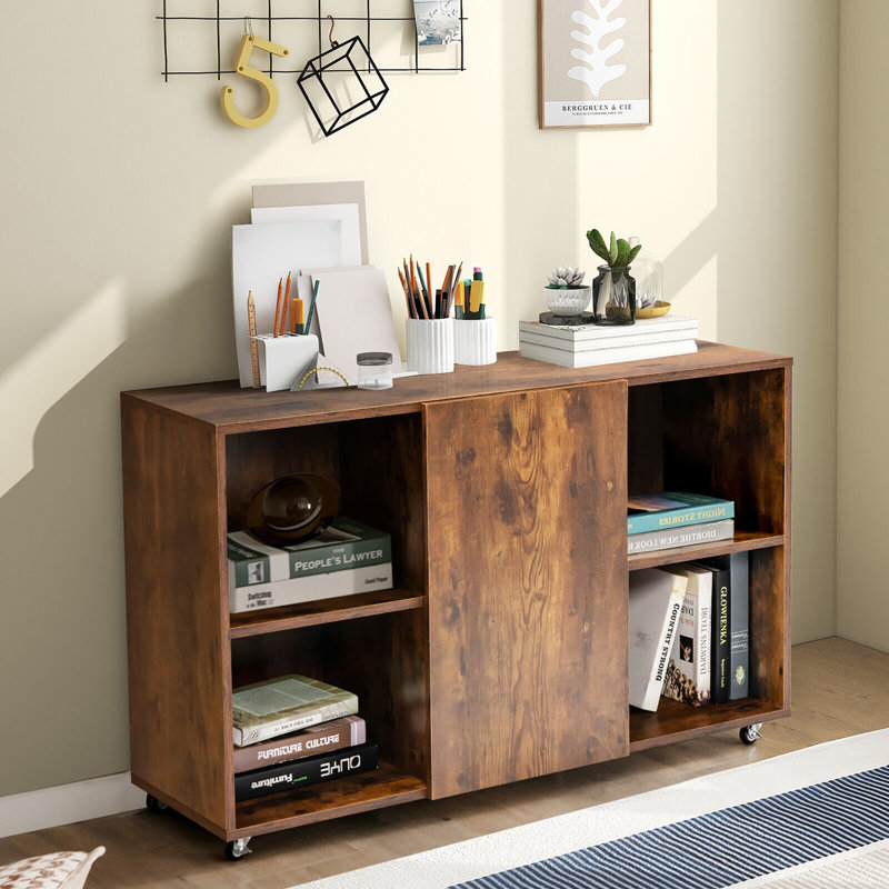 28''H X 48''W 3-Tier Wood Bookcase 6 Cube Bookshelf w/ Door Wheels, Brown