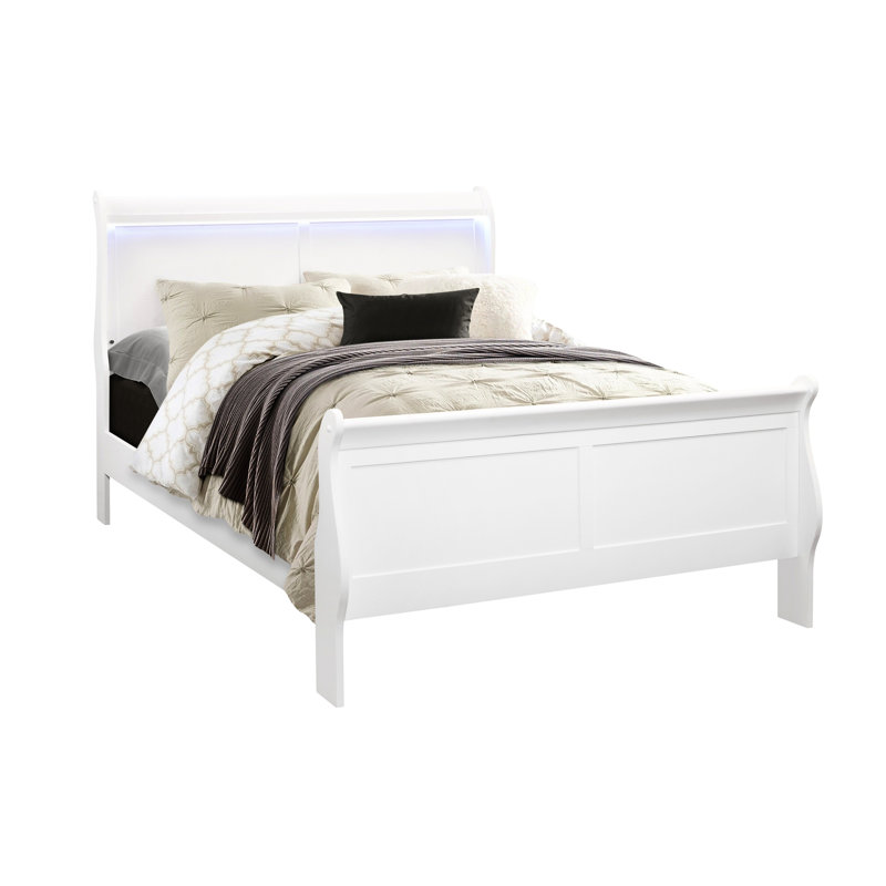Lit double blanc, style moderne à DEL, pièce, bois massif et éclairage DEL