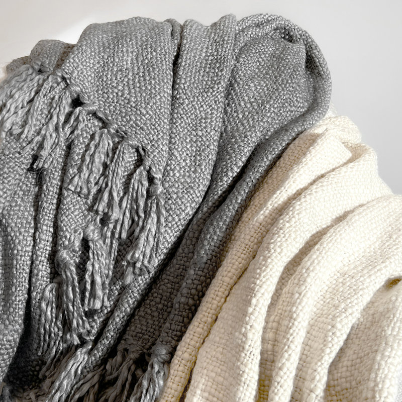 Basketweave Fringe Throw Blanket, Gray