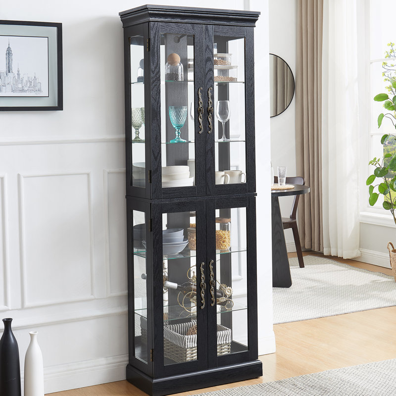 Élégante vitrine vitrée éclairée - Rangement à cadre en bois pour le salon, la cuisine et le garde-manger - Ampoule incluse - Idéal pour le vin, les jouets et les objets de collection - Noir