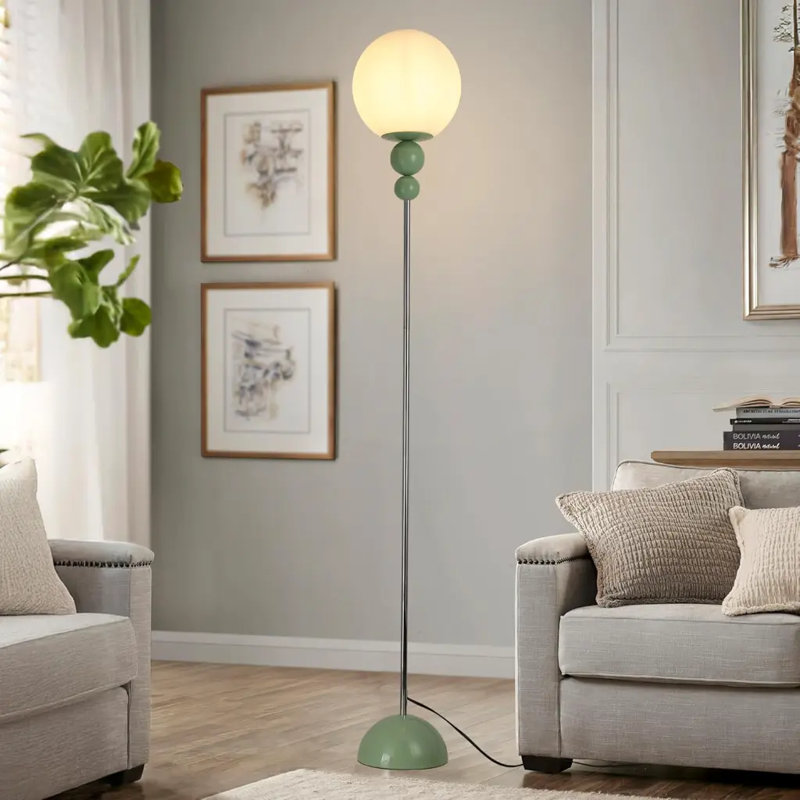 Modern Minimalist Floor Lamp With White Globe Shade And Green Metal Sphere Accents, Green