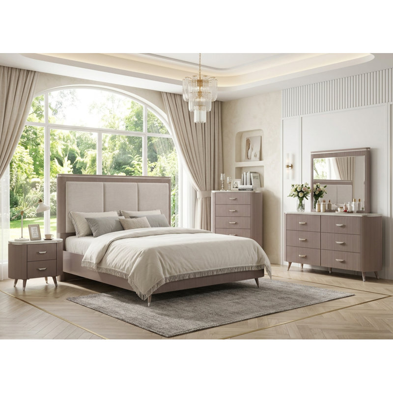 5-Piece Modern Luxury Bedroom Set, Velvet Upholstered Bed Frame, 6-Drawer Dresser, Dresser Mirror, 5-Drawer Chest, 2-Drawer Nightstand, Contemporary Bedroom Furniture