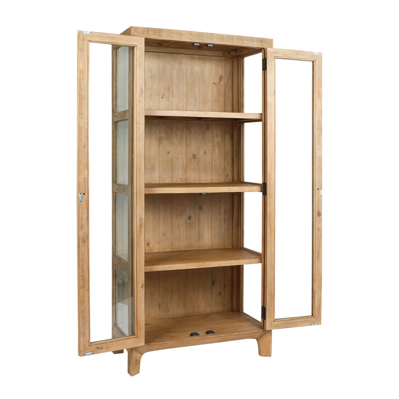 Natural Reclaimed Pine Wood Curio Cabinet with Glass Doors