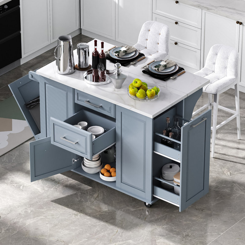 Îlot de cuisine de 50,7 po avec rangement, poubelle inclinable et organisateur de rangement escamotable, îlot de cuisine sur roulettes à 5 roulettes avec abattant, 2 tiroirs, 1 porte pour la cuisine, la salle à manger