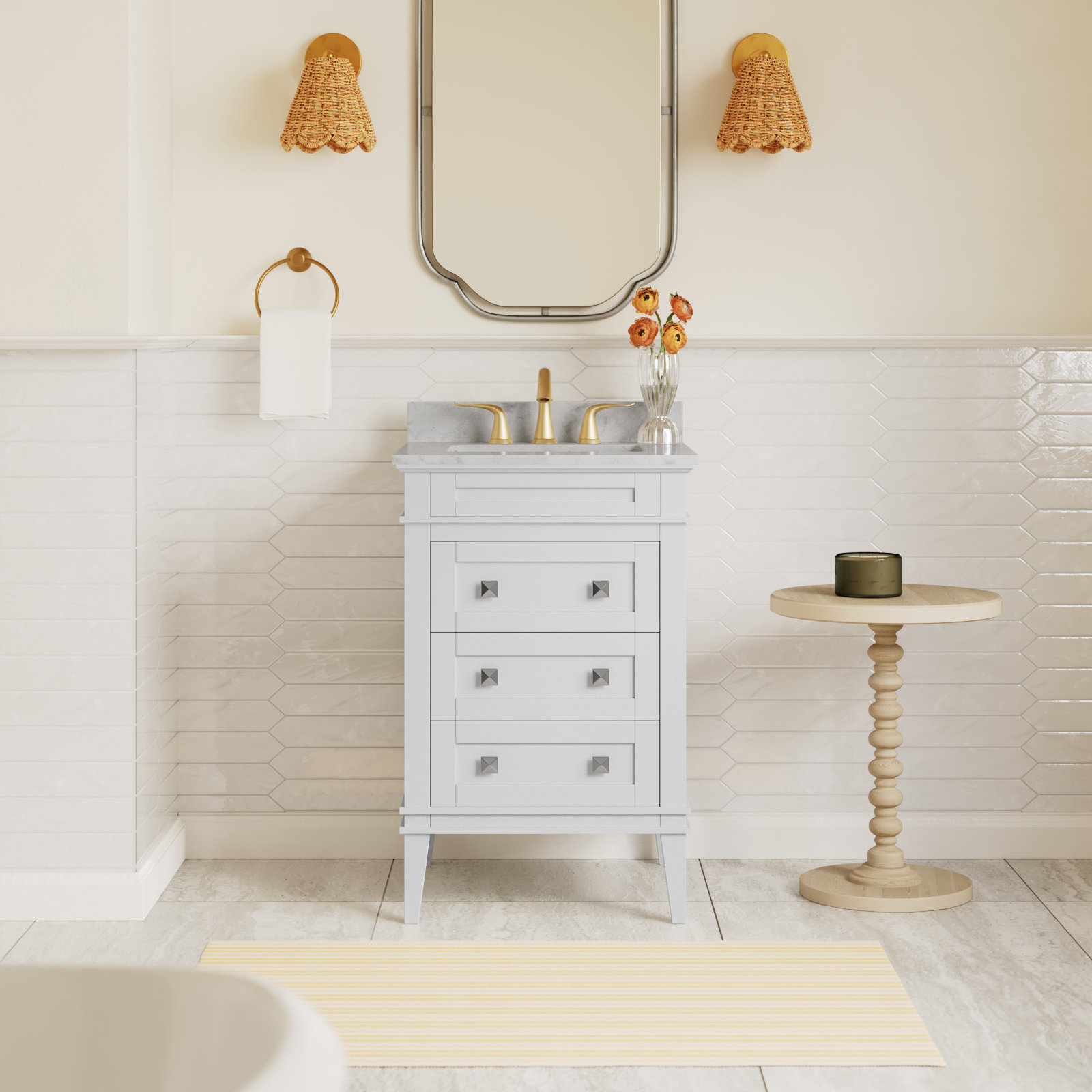 24'' Single Bathroom Vanity, White, Carrara Marble