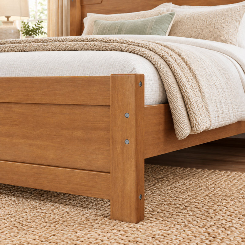 Wood Platform Bed with Headboard and Slat Support, Grand lit, Natural