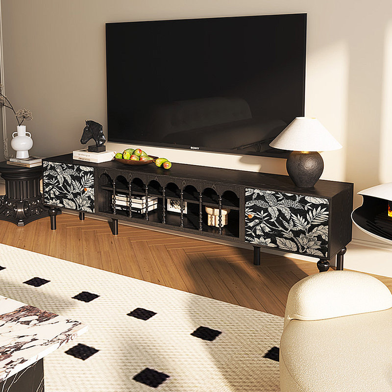 Meuble télé avec rangement peint français rétro, H 21,26 po x L 86,61 po x l 15,75 po, Noir