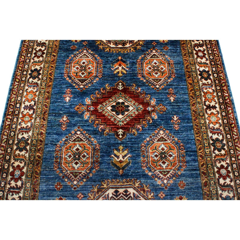 4x6 Blue and Ivory Kazak Tribal Rug