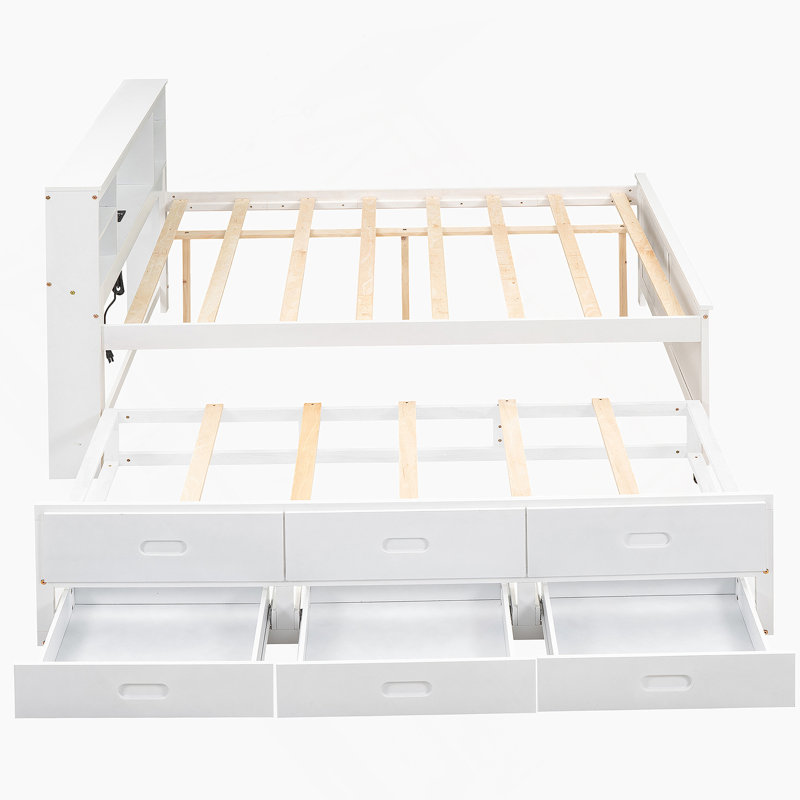Lit plateforme avec tête de lit, USB, lit gigogne et 3 tiroirs, Blanc, Double