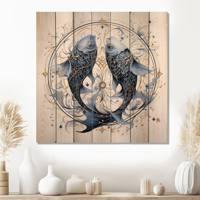 Art mural en bois Zodiac Pisces, impression de décor d'astrologie - signe du zodiaque Pisces, H 35 po x l 35 po x P 0,78 po