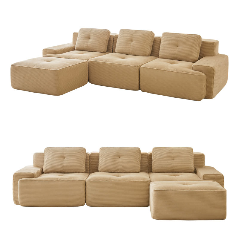 Canapé modulaire en forme de L de 117 po avec repose-pieds mobile, canapé 3 places en velours côtelé de qualité supérieure avec assise profonde, conception capitonnée et base antidérapante sans assemblage