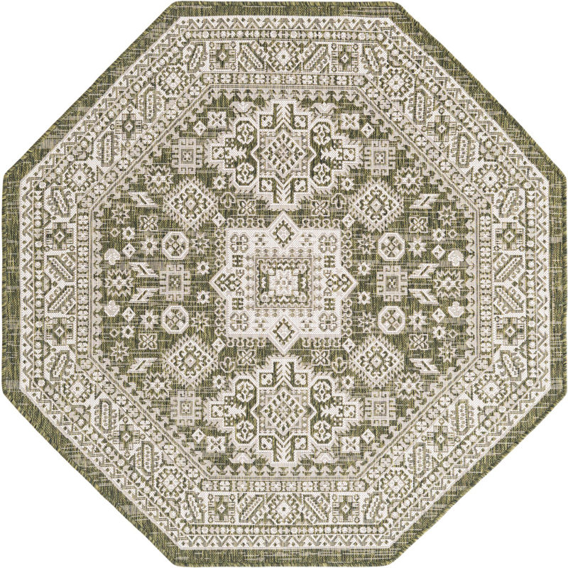 Outdoor Chand Area Rug Ivory-Green Color, Octagon 5'3"