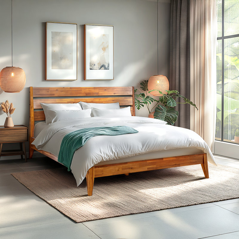 Acacia Christoper Premium Solid Wood Bed Frame, Platform Bed with Headboard Included, Mid century Modern Wood Bed, No Box Spring Needed, Fits All Mattresses