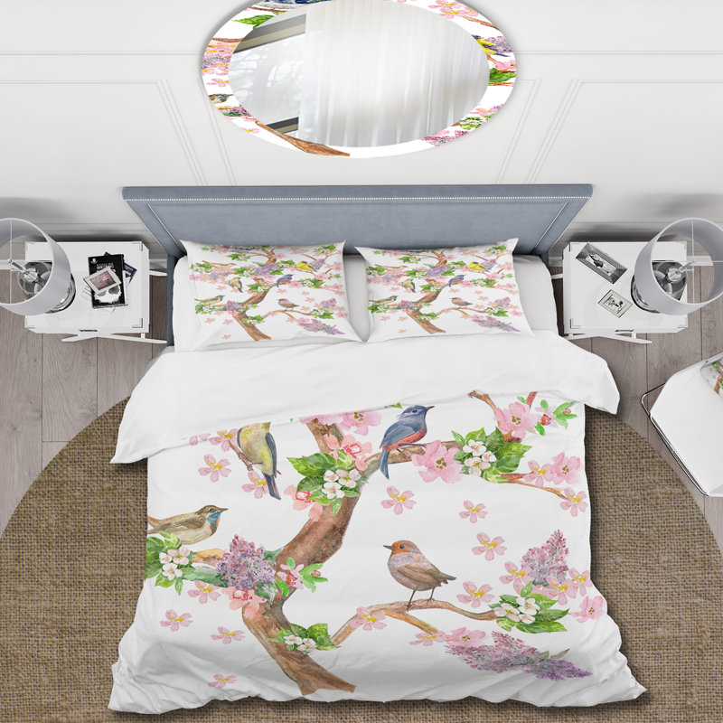 Arbre avec oiseaux colorés sur des branches en fleurs - Ensemble de housse de couette traditionnel - Microfibre de polyester