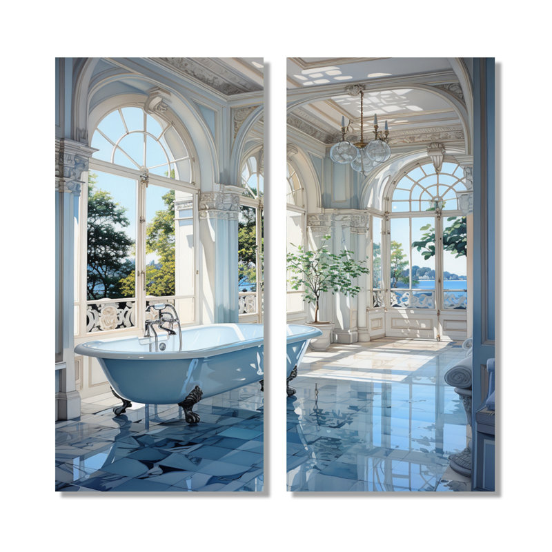 «Bathroom Tranquil Reflections», impression d'art sur toile, ensemble d'humour bleu, H 32 po x l 32 po, Toile tendue