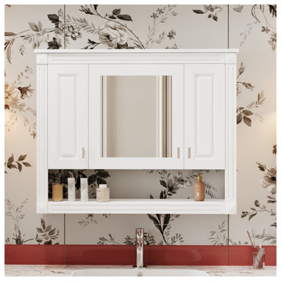 Armoire de salle de bain 35 po avec miroir - Armoire à pharmacie blanche avec tablettes réglables, armoire de rangement au-dessus de la toilette, rangement mural pour salle de bain moderne