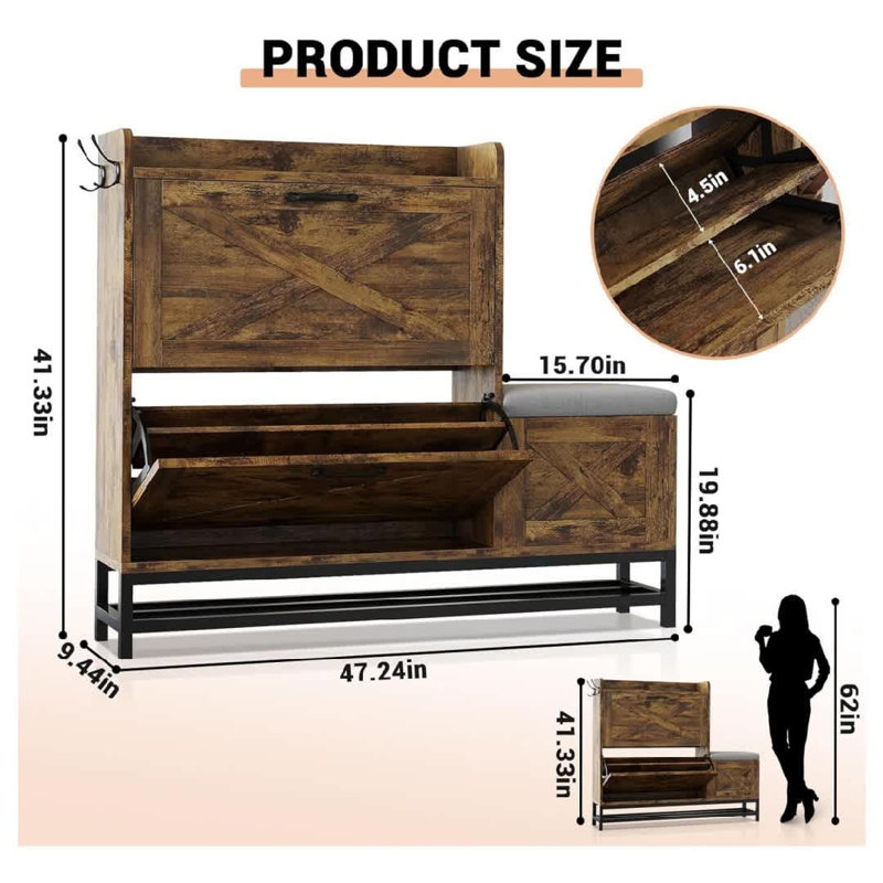 Range-chaussures en bois de style campagnard antiseptique avec banc et 2 tiroirs rabattables pour le vestibule ou le salon