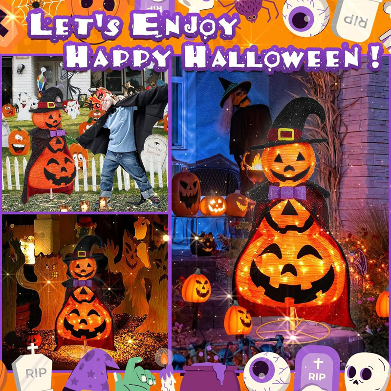 3.5FT Halloween Light Up Pumpkin Front Porch Decorations 48 Built-In LED Lights Collapsible Pumpkins With Vampire Cloak And Witch Hat Pop Up Pre-Lit Jack-O-Lantern For Indoor Outdoor Yard Garden Lawn