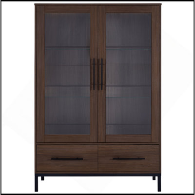 Vitrine haute de 60 po avec porte en verre trempé, éclairage DEL, deux tiroirs, armoire de rangement de style moderne pour le salon, le bureau et le bureau