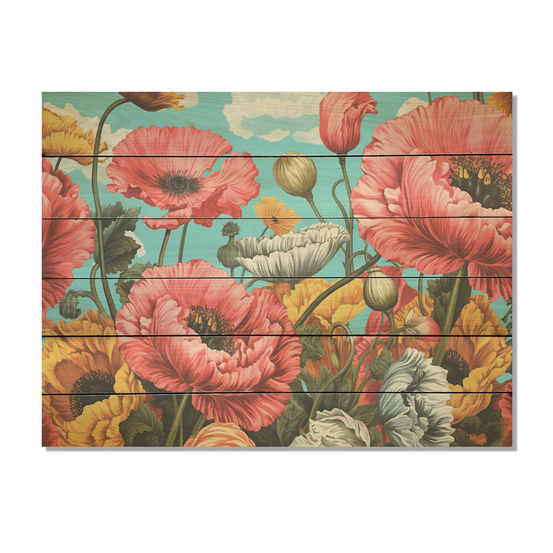 «Vibrant Pink Poppy Field Dreams» - Art sur bois de coquelicot sur bois de pin naturel, H 10 po x l 20 po