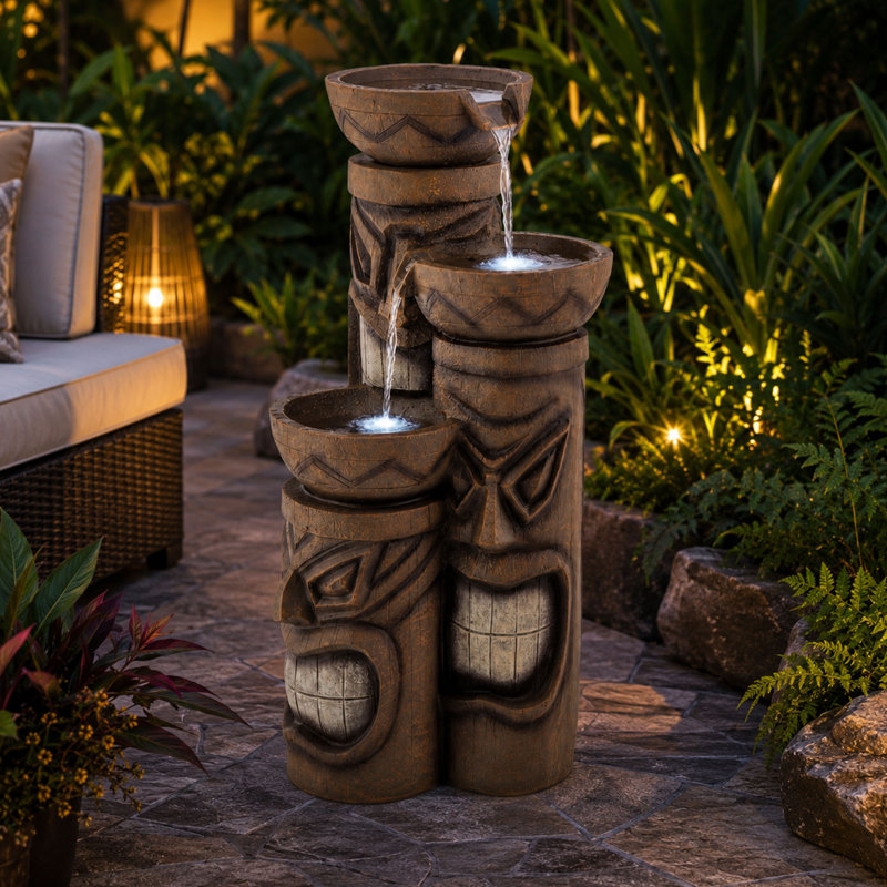 Fontaine d'extérieur 29 po à 3 niveaux avec têtes Tiki 29 lumières brunes