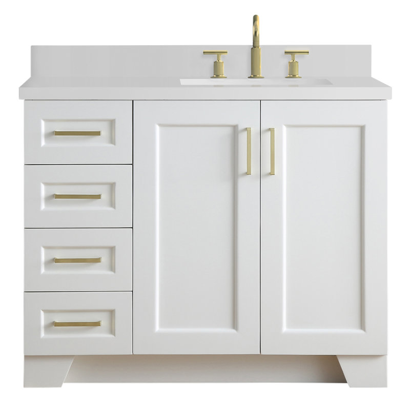 Freitas 43'' Solid Wood Single Bathroom Vanity in White, with 1.5'' White Quartz Top, Right Offset, Rectangular Sink, White
