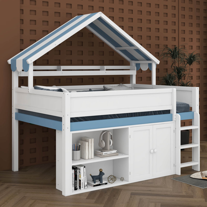Full Size Loft Bed With Canopy Roof, Storage Cabinet & Shelves, Playhouse House Design, Solid Wood Frame For Teens
