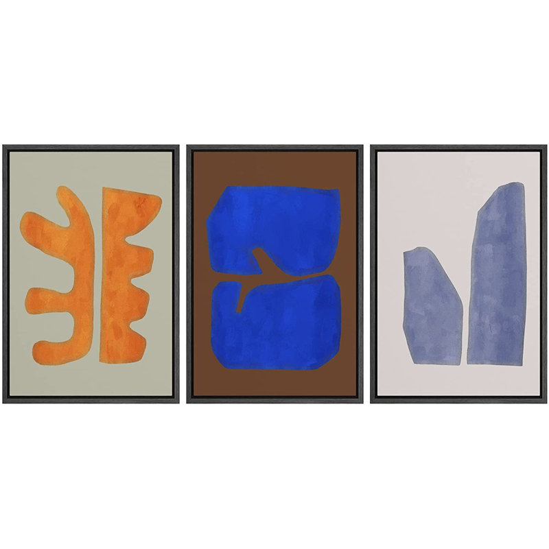 Multicolor Mid-Century Modern Orange Blue Wall Art Work Framed On Canvas 3 Pieces Painting Print, Black