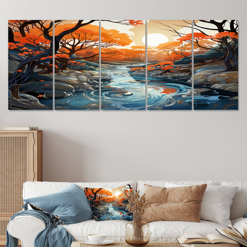 Orange et bleu, rivière, Serene Journey II - forêt, art mural 5 pièces, H 32 po x l 80 po
