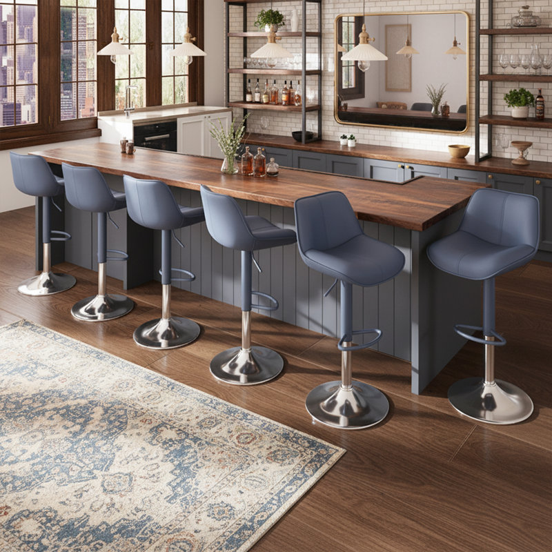 Modern Upholstered Swivel 26-34’’ H Barstools, Faux Leather Bar Stools with Metal Frame, Adjustable Height Counter Stools with Footrest