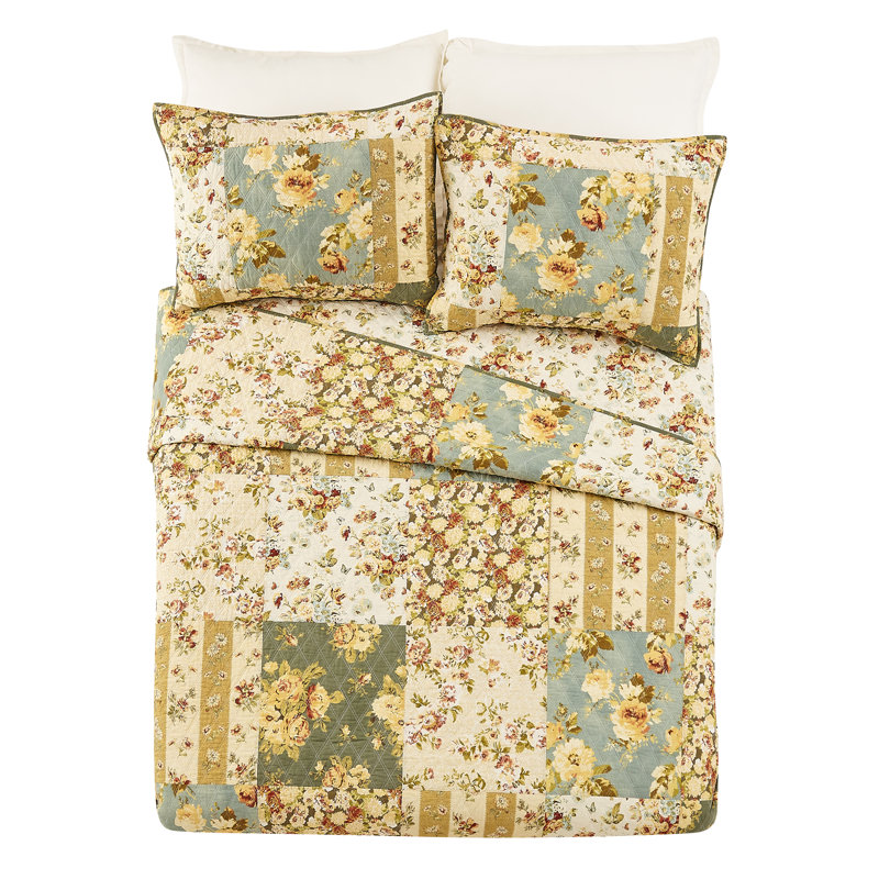 Floral Patch 3-Piece Cotton Quilt/Coverlet Set, King Quilt + 2 Shams
