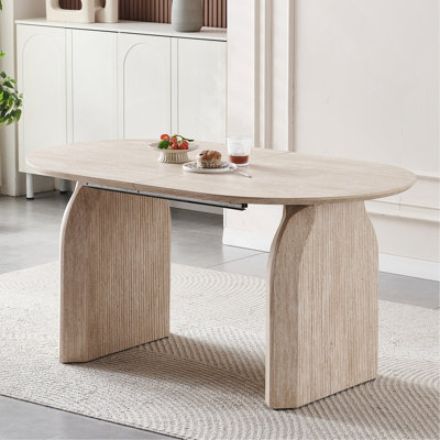 Wood Extendable Dining Table, Modern Oval Kitchen Table With Stylish Dual - Pillar Design, Perfect For Home Dining & Gathering, Multi-Functional And Space-Saving