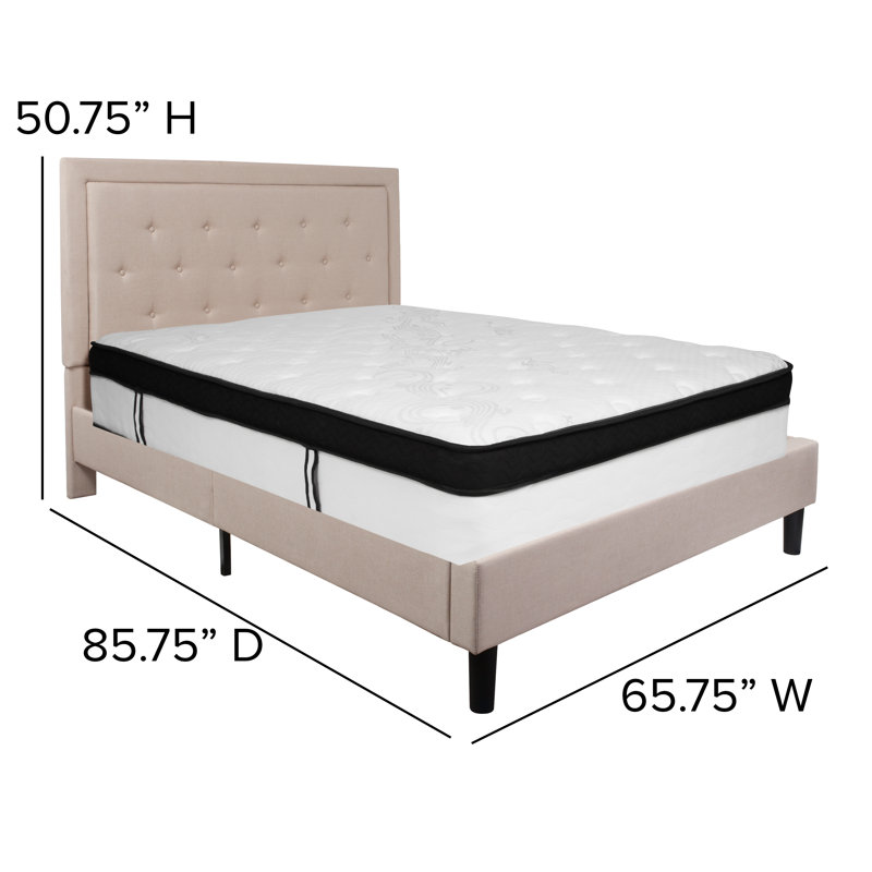 Aluino Panel Tufted Platform Bed and Memory Foam Pocket Spring Mattress, Queen, Beige