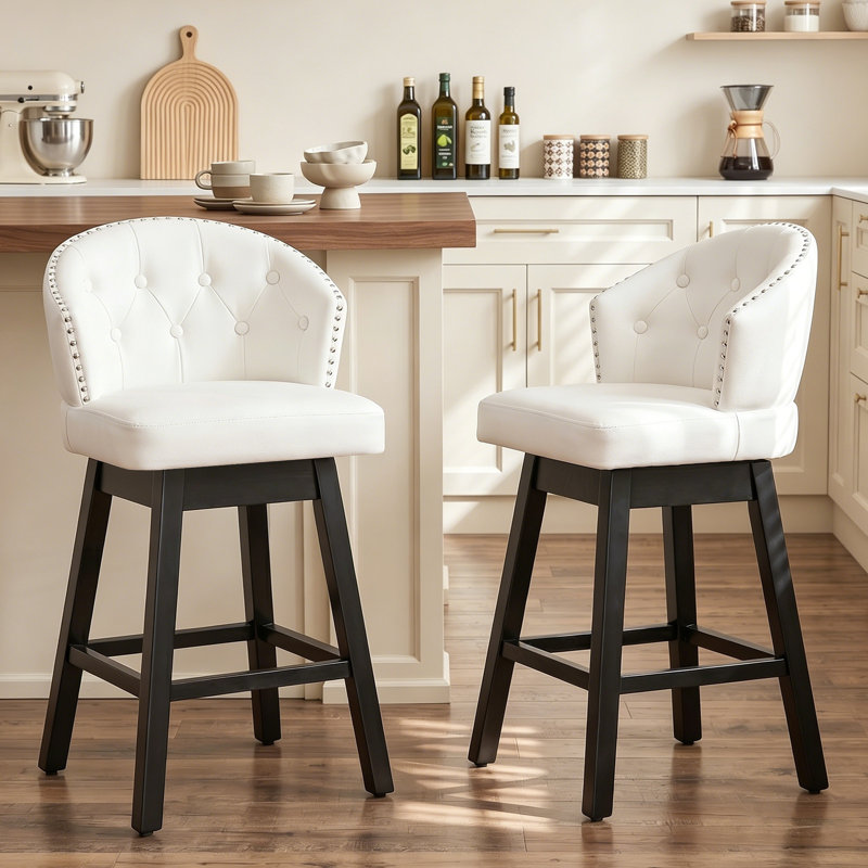 Aadhvika Upholstered BarStools with Solid Wood Frame, Counter Stool (26" Seat Height), White/Faux Leather