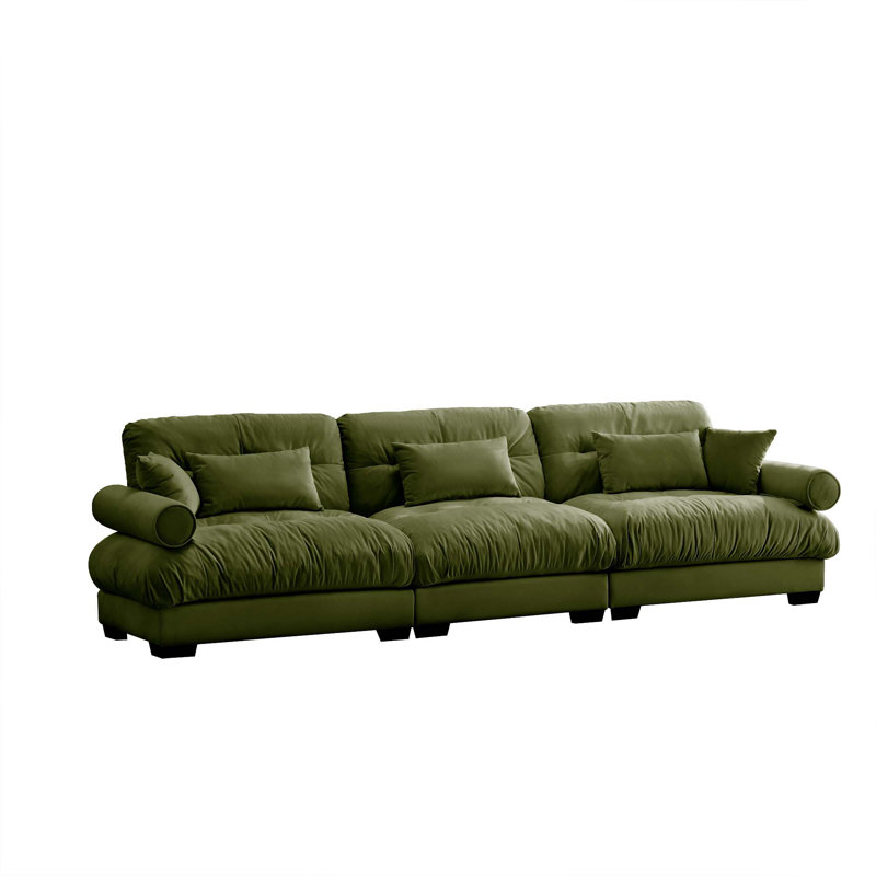 Frederick Velvet Upholstered 3-Seater Sectional Sofa with Pillows, 33.4" H x 130" W x 37" D, Olive Green Veivet