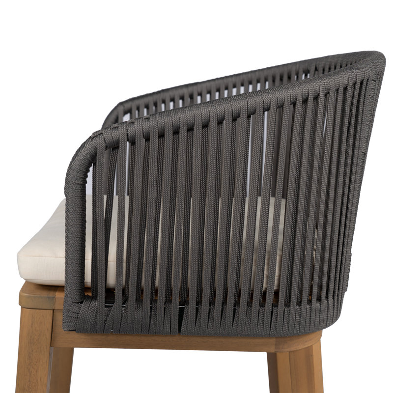 Bronson Outdoor 30.5" Seat Height Acacia Wood Bar Stools With Rope Backs & Cushions, Gray/Teak