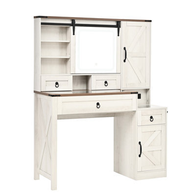 Meuble-lavabo avec miroir à DEL, température de couleur réglable, plateau en verre, station de charge, 4 tiroirs, 2 armoires et tabouret - blanc, pratique pour l'éclairage de maquillage, chambre à coucher pratique