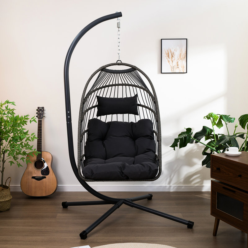 Outdoor Swing Egg Chair - Cushion, 350 Lbs Load Capacity, Black + Gray Color, For Patio And Bedroom Relaxing Area Heavy-Duty Steel Stand, Adjustable Height, 100% Indoor