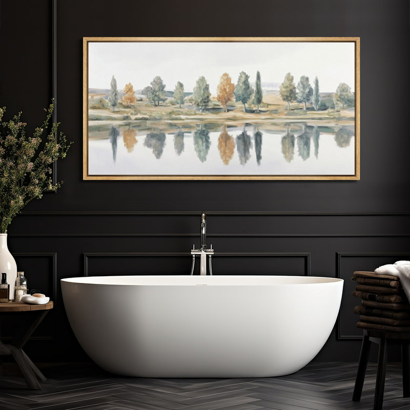 Tranquil Lakeside Landscape with Autumn Trees and Mirror Reflection - Large, impression encadrée sur toile encadrée dans la chambre principale