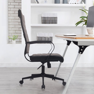 Orren Ellis Kensie High Back Conference Chair - Ribbed PU Leather Office Desk Chair with Adjustable Height, Swivel & Lumbar Support for Executive Meetings