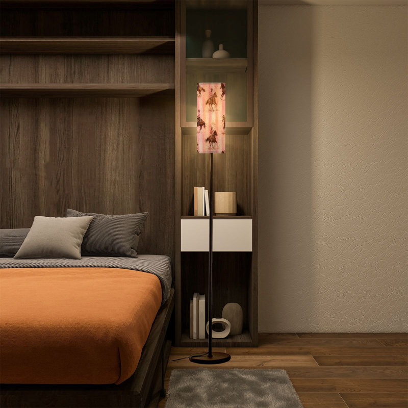 Lampe sur pied moderne et moderne avec télécommande à DEL à intensité variable, abat-jour réglable Cowboy à cheval Scènes équestres occidentales à rayures roses pour le salon, la chambre et le bureau