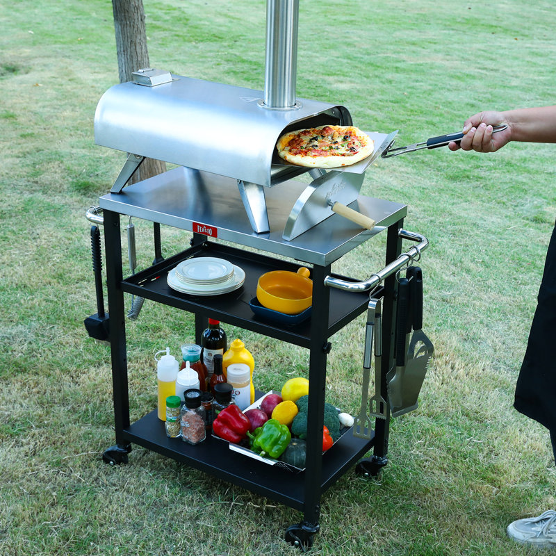 Adjustable 3-Tier Black and Stainless Steel Outdoor Grill Cart