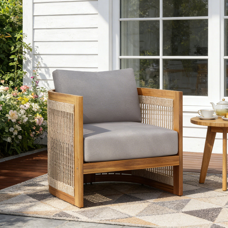 Chaise longue d'extérieur en bois d'acacia avec coussins