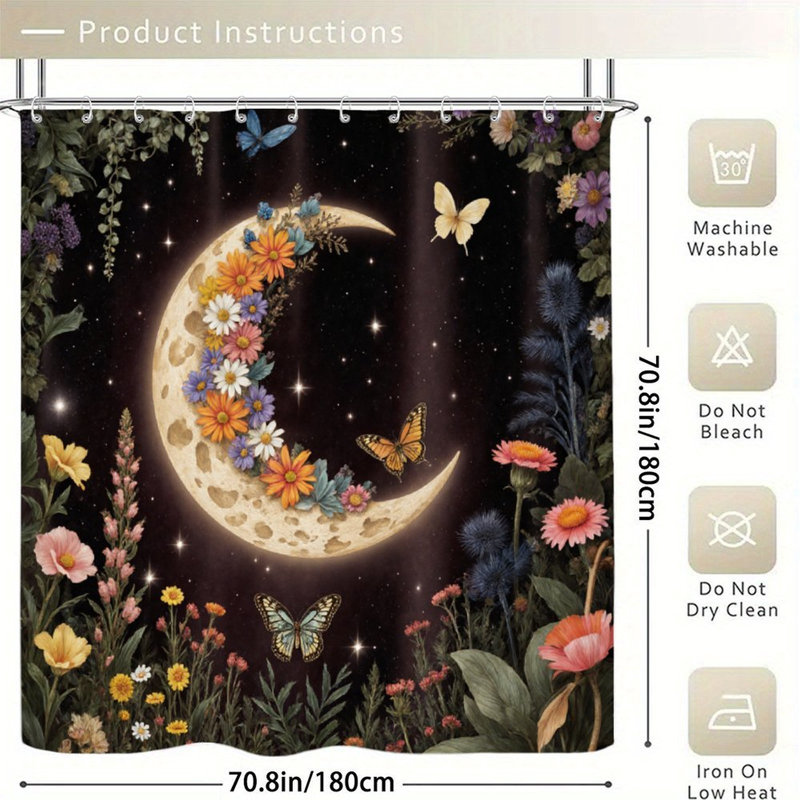 Rideaux de douche à motif floral lune et papillons pour salle de bain, 71 po x 71 po, Motif floral noir