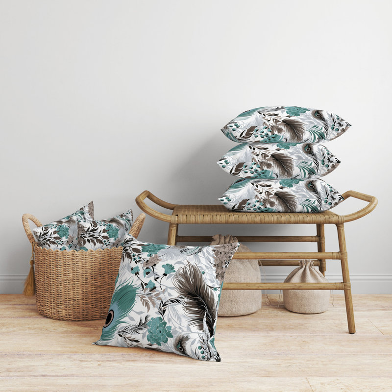 Coussin en faux suède à plumes Opus, H 16 po x l 16 po, Brun / fleurs vertes
