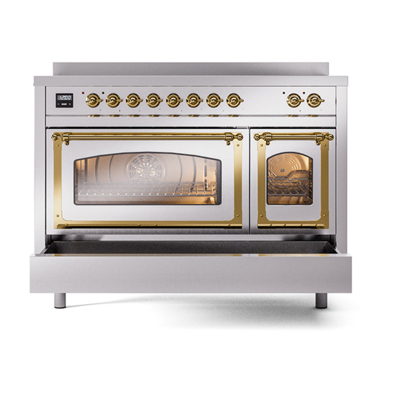 ILVE Nostalgie II Noblesse 48 dans la gamme d'induction, 6 éléments d'induction (porte en verre), Acier inoxydable / laiton