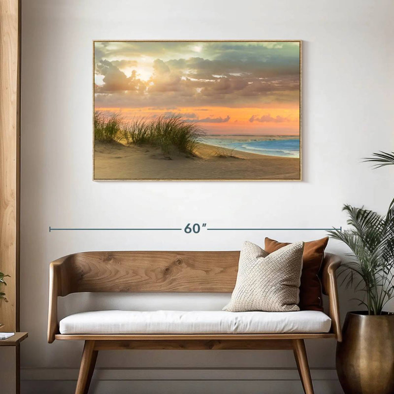 Herbe de mer et crépuscule, Cadre flottant en bois naturel, 43 po x 29 po