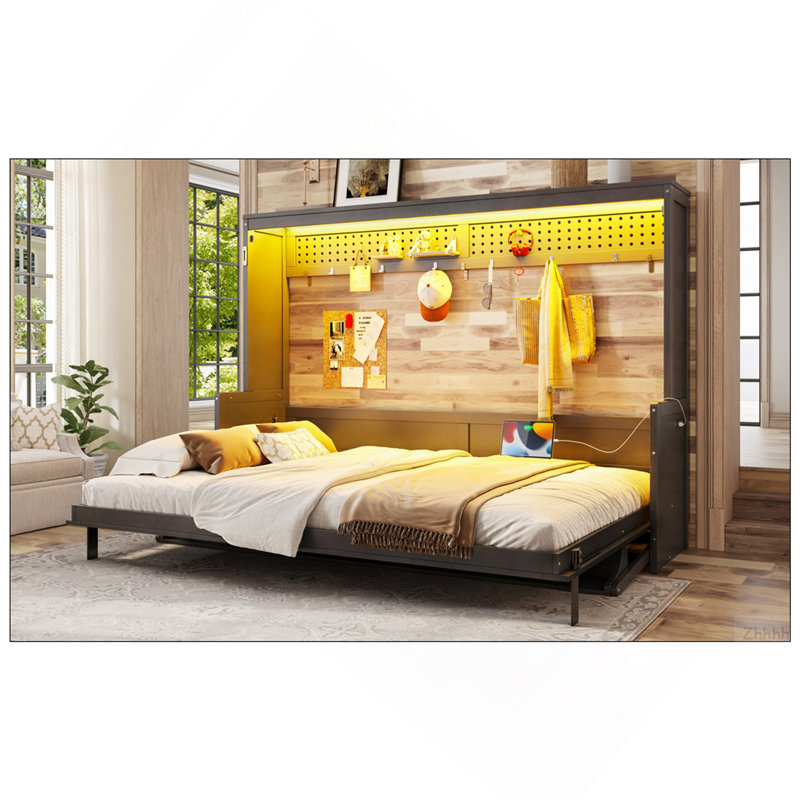 Grand lit escamotable avec bureau, station de charge USB, lumières DEL, gris foncé